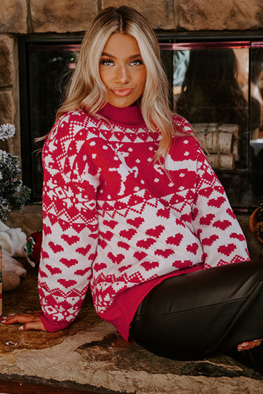 Fiery Red Merry Christmas Reindeer Heart Pattern High Neck Sweater