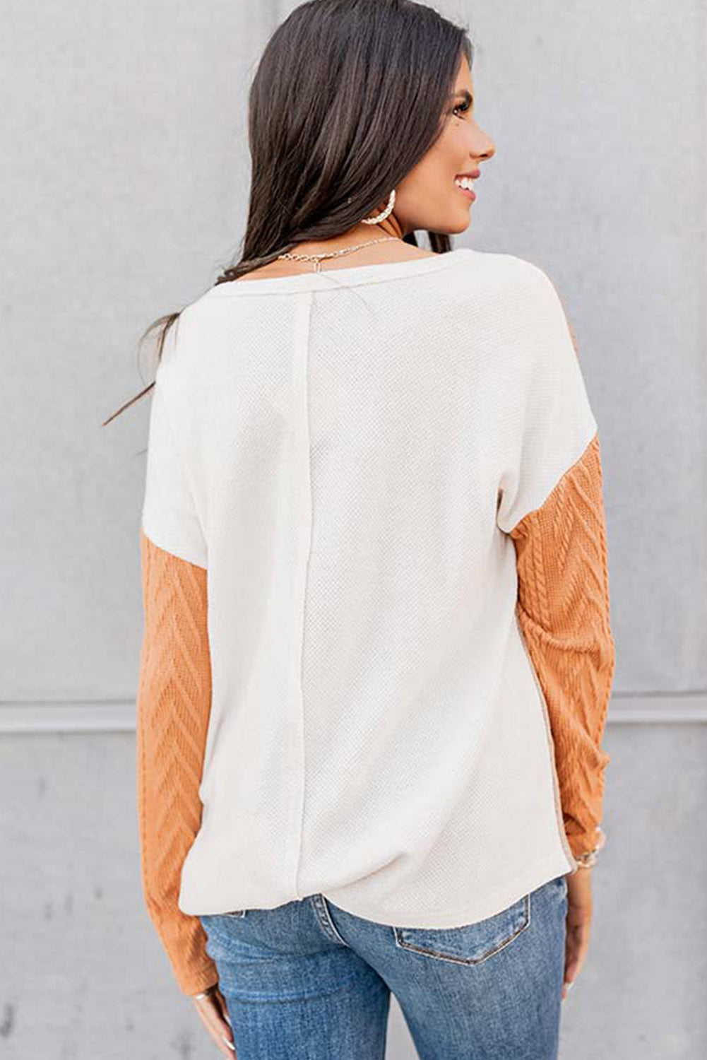 Orange Long Sleeve Colorblock Chest Pocket Textured Knit Top