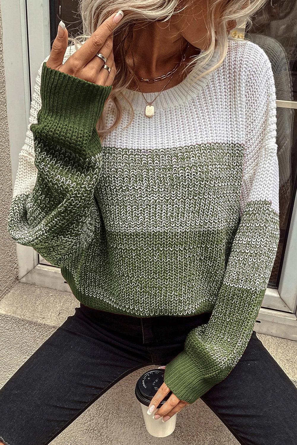 Pickle Green Color Block Drop Shoulder Ribbed Trim Sweater