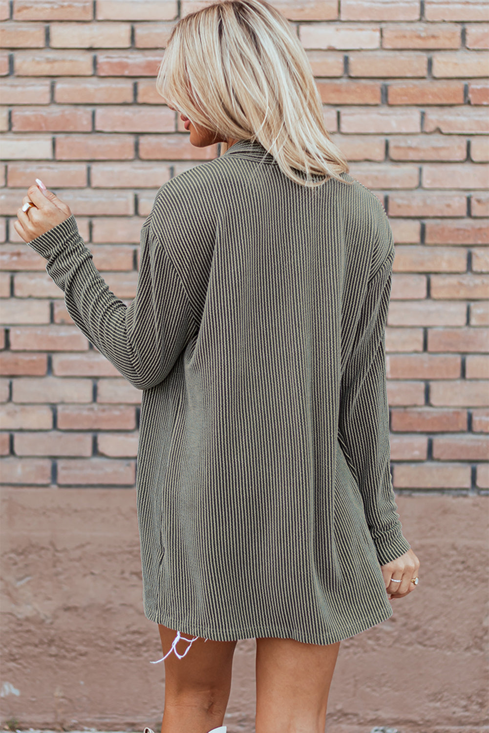 Moss Green Corded Open Front Knit Cardigan