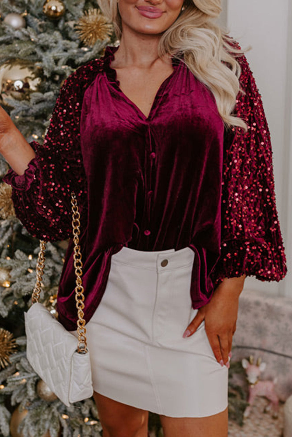 Evergreen Sequin Patchwork Sleeve Button Up Velvet Top