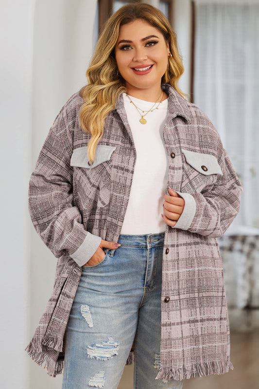 Pink Plus Size Macrame Plaid Coat