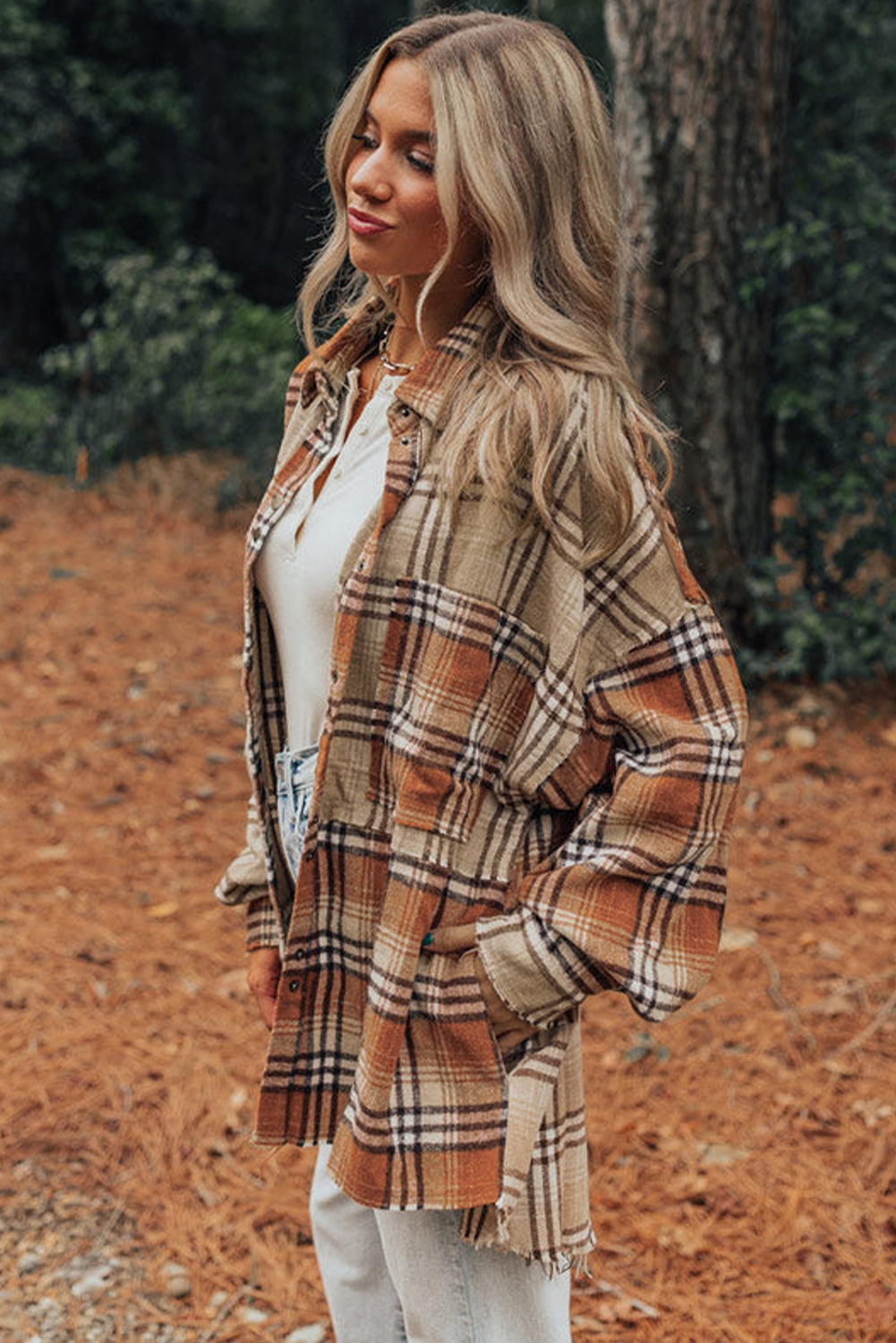 Khaki Plaid Colorblock Patchwork High Low Shacket