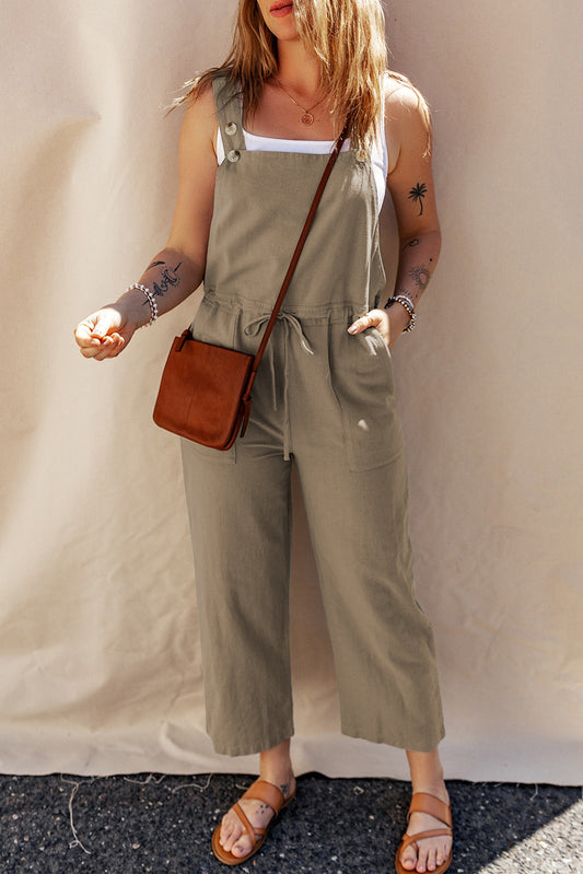 Sage Green Drawstring Buttoned Straps Cropped Overall